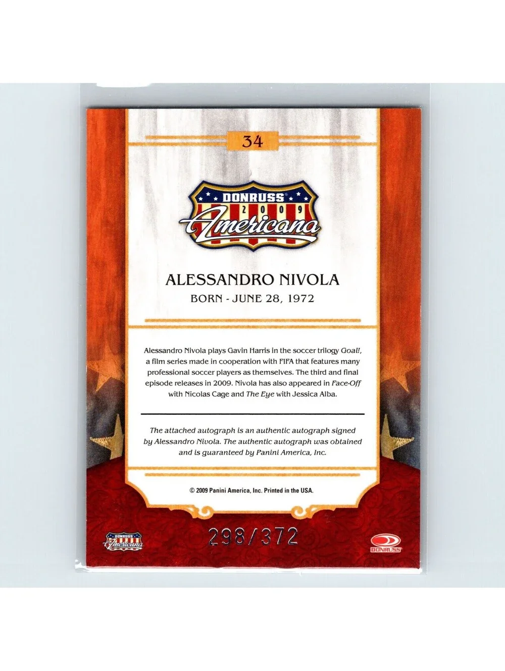 2009 Donruss Americana Alessandro Nivola #34 Private Signings Auto #/372